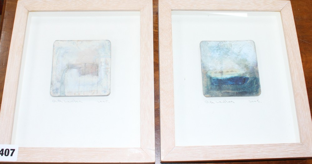 Richard Lawton (b.1969), two oils on board, Overflow and Cattleboat, signed and dated 2005, 9 x 9cm, with Christies Irish sale May